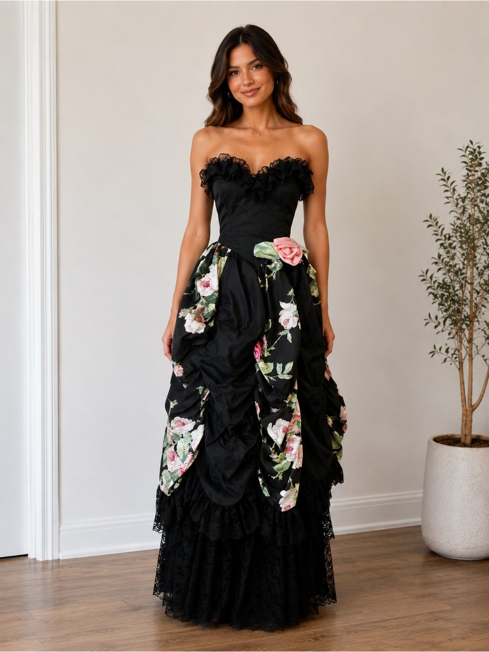 Loralie Floral Rose Black Lace Dramatic Gilded Age Victorian Goth Party Dress S